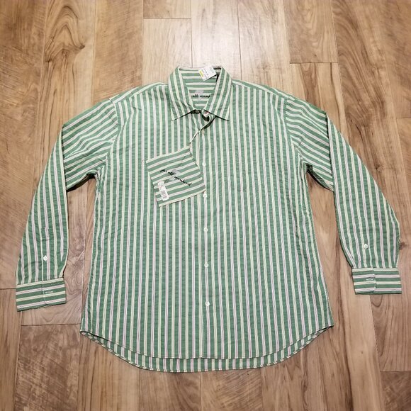 New 7 For All Mankind Pink Green Striped Crinkle Cotton Button Down Preppy XL - Picture 7 of 14